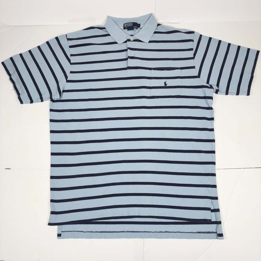 Ralph Lauren Men Light Blue and Navy Striped Polo Shirt with Pocket L